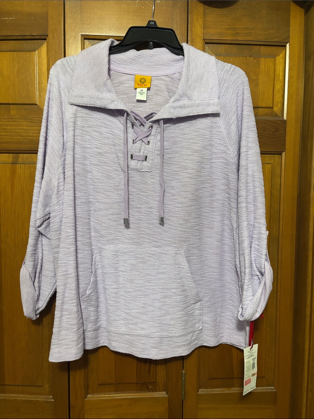 Ruby Rd. Lace-Up Pullover Hoodie in Lilac